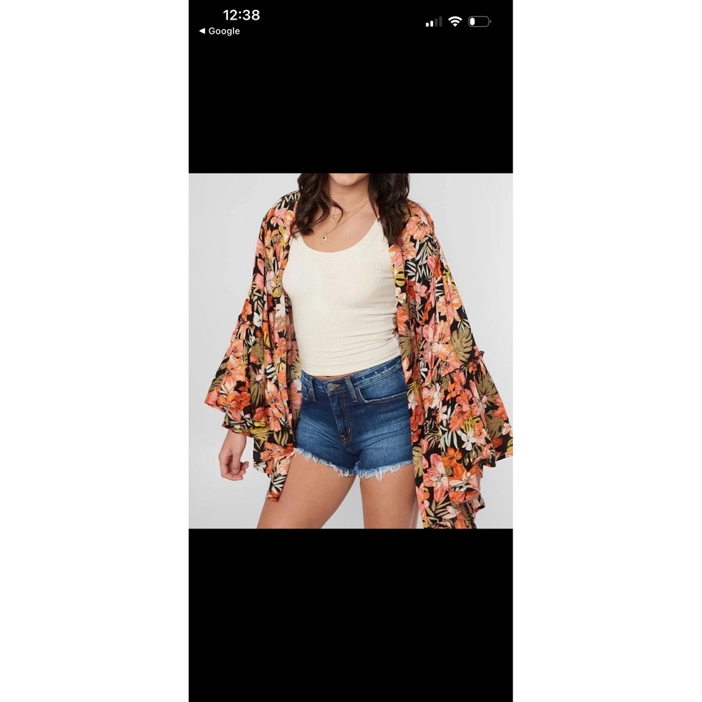 Billabong Floral Wrap Kimono Top Bell Sleeve Tropical Orange Beachy Black M/L